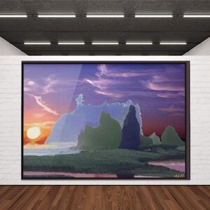 May include: A framed painting of a sunset over a landscape with a series of rock formations. The sky is a vibrant purple and pink, with clouds. The sun is setting behind the rocks, casting a warm glow on the scene.