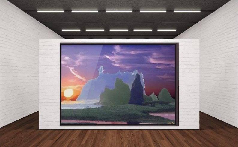 May include: A framed painting of a sunset over a landscape with a series of rock formations. The sky is a vibrant purple and pink, with clouds. The sun is setting behind the rocks, casting a warm glow on the scene.