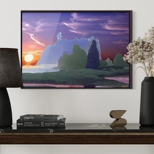 May include: A framed abstract landscape painting with a purple, pink, and blue sky, green and blue rock formations, and a bright orange sun setting over a body of water. The painting is hanging on a white wall above a dark brown wooden table with a black lamp, a vase with dried flowers, and a stack of books.