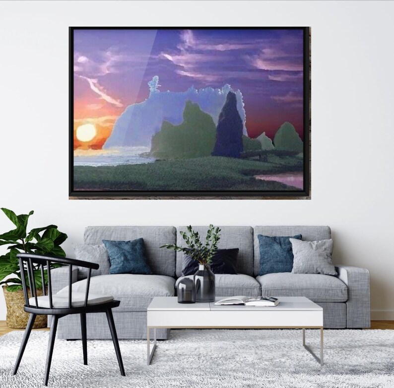 May include: A framed painting of a seascape with a sunset over a rocky coastline. The sky is a vibrant purple and orange, and the water is a deep blue. The rocks are a variety of shades of green and brown.