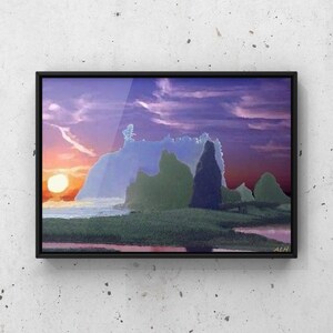 May include: A painting of a sunset over a rocky coastline with a purple, pink, and blue sky. The rocks are green, blue, and purple. The sun is setting in the distance, and the water is a light blue.