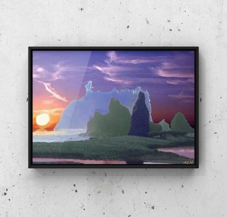 May include: A painting of a sunset over a rocky coastline with a purple, pink, and blue sky. The rocks are green, blue, and purple. The sun is setting in the distance, and the water is a light blue.