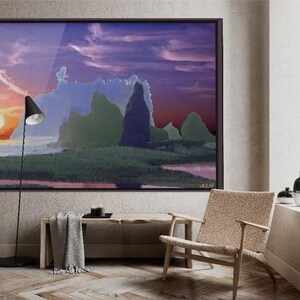 May include: A framed abstract landscape painting with a purple, blue, and green color scheme. The painting depicts a sunset over a rocky coastline with a large sun in the sky.