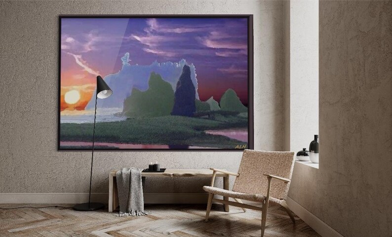 May include: A framed abstract landscape painting with a purple, blue, and green color scheme. The painting depicts a sunset over a rocky coastline with a large sun in the sky.