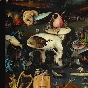 May include: A detailed painting depicting a scene of hell with many figures and creatures. The painting is filled with vibrant colors, including red, yellow, green, and blue. There are many different scenes happening in the painting, including people being tortured, demons flying through the air, and a large, fiery pit in the center.