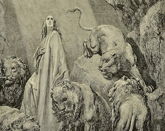 Gustave Dore Poster - Daniel In The Lions Den Print, From La Grand Bible De Tours 1843 UK, EU USA Domestic Shipping