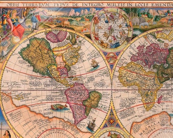 Póster de mapa del mundo antiguo, impresión de mapa del Viejo Mundo de 1594, arte mural de mapas antiguos - Orbis Terrarum, envíos nacionales a Reino Unido, UE y EE. UU.