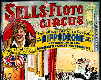 Vintage Circus Poster, Sells Floto Circus, Hippodrome New York Circa 1900. UK, EU USA Domestic Shipping