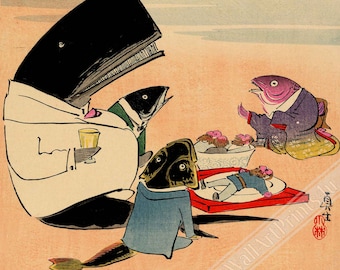 Whale Poster, Whale And 3 Fish Formal Dinner Of Russian Sailors - Vintage Whale Japanese Woodblock Art UK, EU USA Domestic Shipping