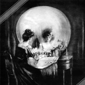 May include: A black and white illustration of a woman looking into a mirror. The mirror is shaped like a skull. The woman's reflection is also visible in the mirror.