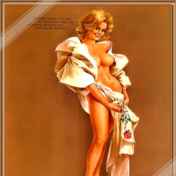 Vintage Pin Up Girl Poster, Alberto Vargas, Dozen Roses, Playboy Works April 1966