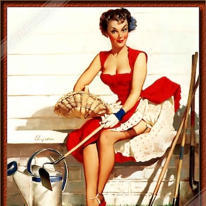 Pin Up Girl Poster, Gil Elvgren, Gardening With Hoe Vintage Art Retro Pin Up Girl Print Late 1940'S 1950'S image 1