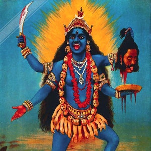 May include: A blue-skinned deity with multiple arms and a crown stands on a man's chest. The deity holds a severed head in one hand and a sword in another. The deity is surrounded by a halo of light and is wearing a garland of skulls.