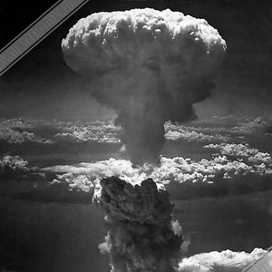 May include: A black and white photograph of a mushroom cloud rising from a nuclear explosion. The cloud is large and billowing, with a dark center and a white top. The cloud is surrounded by a clear sky with some clouds in the distance.