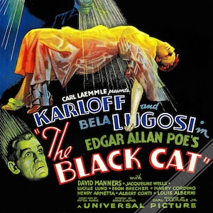 Manifesto del Gatto Nero, Manifesto del Film Horror Vintage del 1934 - Boris Karloff, Bela Lugosi, Jacqueline Wells. Spedizione nazionale nel Regno Unito, UE e USA.