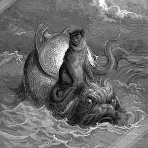 Poster di Gustave Doré, La scimmia e il delfino, da Favole di Fontaines 1885, spedizione nazionale Regno Unito, UE, USA