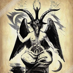May include: A black and white illustration of Baphomet, a goat-headed figure with wings and horns, sitting on a pedestal. The image is surrounded by a crescent moon and a star. The text "CLIPPIA'S LEVI DEL" and "BAPHOMET" are written below the figure.