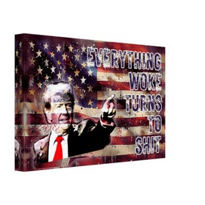 May include: A digital art print featuring a portrait of a man with a red tie, pointing to the right, against a background of an American flag with the text "EVERYTHING WOKE TURNS TO SHIT".