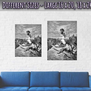 May include: Two black and white prints of a person riding a creature, with the text "DIFFERENT SIZES - LARGE 16 x 20, 18 x 24" at the top. The prints are displayed on a white brick wall above a blue sofa.