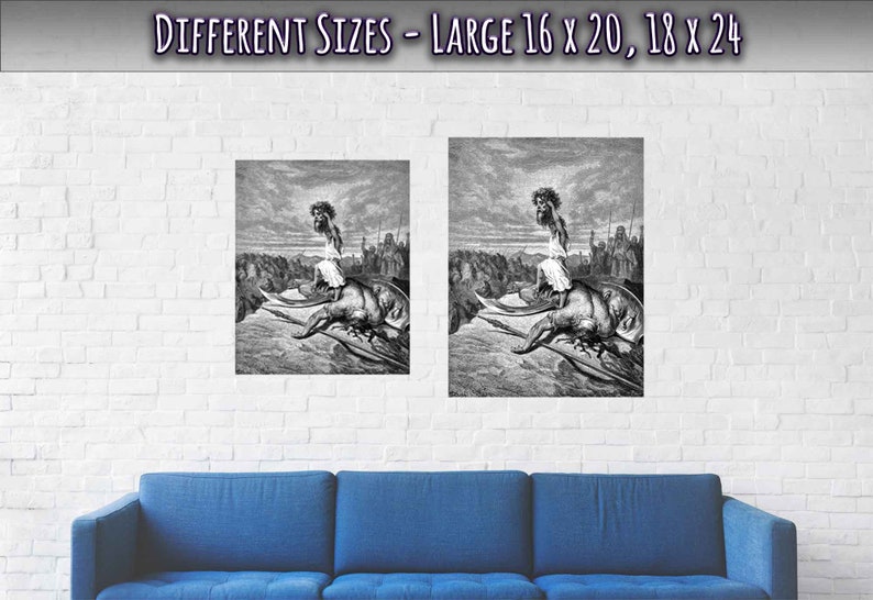 May include: Two black and white prints of a person riding a creature, with the text "DIFFERENT SIZES - LARGE 16 x 20, 18 x 24" at the top. The prints are displayed on a white brick wall above a blue sofa.