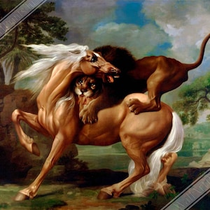 May include: A painting depicting a dramatic scene of a lion attacking a horse. The lion has its claws sunk into the horse's back, while the horse rears up in defense. The scene is set in a lush, green landscape with trees and rocks in the background.