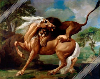 Vintage Lion Attacks Horse Poster, A Lion Attacking A Horse - George Stubbs UK, EU USA Domestic Shipping