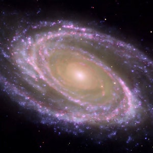 Pode incluir: Uma gal&aacute;xia espiral com um n&uacute;cleo brilhante amarelado e bra&ccedil;os em espiral de estrelas e g&aacute;s. A gal&aacute;xia est&aacute; sobre um fundo escuro do espa&ccedil;o.
