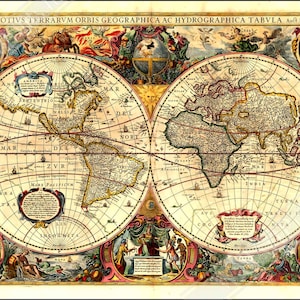 Vintage Weltkarte Poster, Henricus Hondius, Weltkarte Druck 1663, alte Karte Kunst, Terrarum Orbis Geographica UK, EU USA Inlandsversand