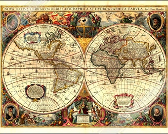 ケンブリッジ ヴィンテージ 絵地図 地図 ポスター ヴィンテージ世界地図ポスター: 1663 ヘンリックス ホンディウス