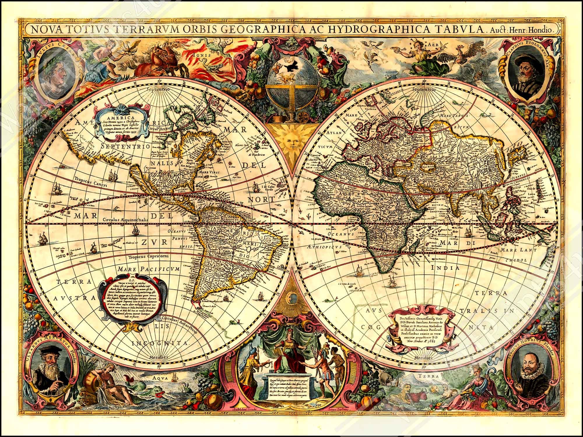 ヴィンテージ世界地図ポスター: 1663 ヘンリックス ホンディウス