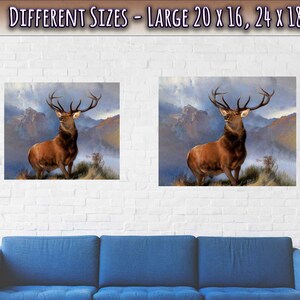 Peut inclure: Une peinture repr&eacute;sentant un grand cerf brun avec des bois debout dans un paysage montagneux brumeux. Le cerf regarde vers la gauche de l'image. La peinture est disponible en diff&eacute;rentes tailles, notamment 20 x 16 et 24 x 18 pouces.