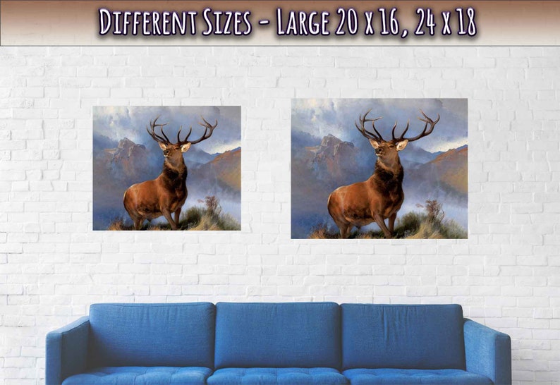 Peut inclure: Une peinture repr&eacute;sentant un grand cerf brun avec des bois debout dans un paysage montagneux brumeux. Le cerf regarde vers la gauche de l'image. La peinture est disponible en diff&eacute;rentes tailles, notamment 20 x 16 et 24 x 18 pouces.