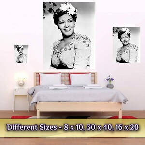 May include: Black and white photo print of a woman wearing a white flower in her hair and a beaded top. The photo is available in different sizes: 8 x 10 inches, 30 x 40 inches, and 16 x 20 inches.