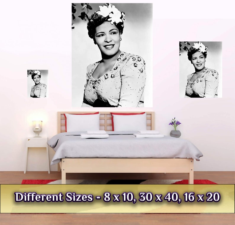 May include: Black and white photo print of a woman wearing a white flower in her hair and a beaded top. The photo is available in different sizes: 8 x 10 inches, 30 x 40 inches, and 16 x 20 inches.