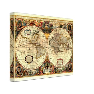May include: A vintage world map with detailed illustrations of continents and oceans. The map is surrounded by a decorative border with images of people and animals. The title of the map is "NOVA TOTIVS TERRARVM ORBIS GEOGRAPHICA AC HYDROGRAPHICA TABVLA."