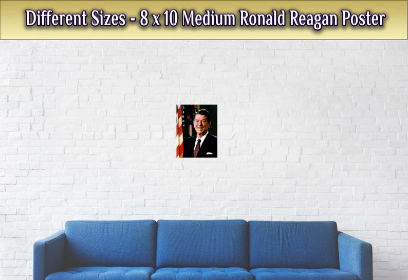 May include: A poster featuring a portrait of Ronald Reagan, the 40th President of the United States. He is wearing a suit and tie, and standing in front of an American flag. The poster is 8 inches by 10 inches.
