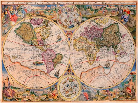 ヴィンテージ世界地図ポスター、1594年の古い世界地図プリント