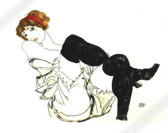 Egon Schiele Poster Print, Woman With Black Stockings, Vintage Print 1913 UK EU USA Domestic Shipping