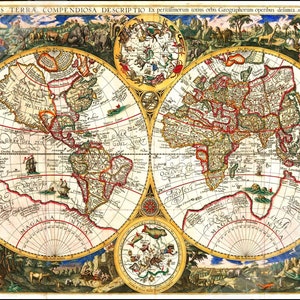 Póster de mapa del Viejo Mundo, impresión vintage de 1596, Orbis Terrae Compendiosa, Johannes Baptista Vrients, envío nacional a Reino Unido, UE y EE. UU.