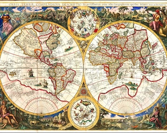 1596 Weltkarte Poster: Orbis Terrae Compendiosa, Vintage Stil