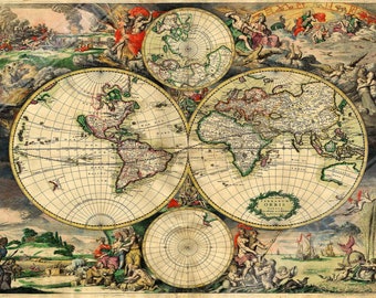 Old World Map Poster, Vintage World Map Print From 1689, Terrarum Orbis Tabula Amstelodami, Gerard Van Schagen UK, EU USA Domestic Shipping