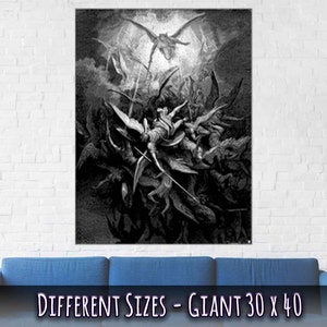Puede incluir: Una ilustraci&oacute;n en blanco y negro de una escena de la historia b&iacute;blica de la ca&iacute;da de Lucifer. La imagen representa una escena ca&oacute;tica de &aacute;ngeles cayendo del cielo, con Lucifer en el centro de la imagen.