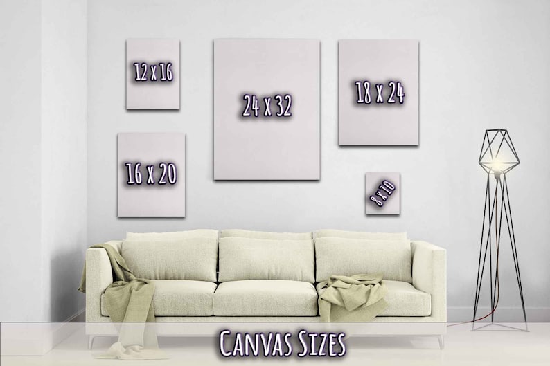 Puede incluir: Una pared blanca con cinco lienzos de diferentes tama&ntilde;os, cada uno con un contorno negro y las dimensiones escritas en texto negro. Los lienzos est&aacute;n dispuestos en forma escalonada. El texto en los lienzos dice: 12 x 16, 18 x 24, 24 x 32, 16 x 20 y 8 x 10. El texto "TAMA&Ntilde;OS DE LIENZO" est&aacute; escrito en negro en la parte inferior de la imagen.