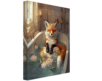 Meditating Fox in Bathtub Canvas Print: Eclectic Bathroom Wall Art
