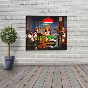 May include: A painting of a group of dogs playing poker around a green felt table. The dogs are wearing human clothing and have serious expressions on their faces. The painting is set in a dimly lit room with a red lampshade hanging from the ceiling.