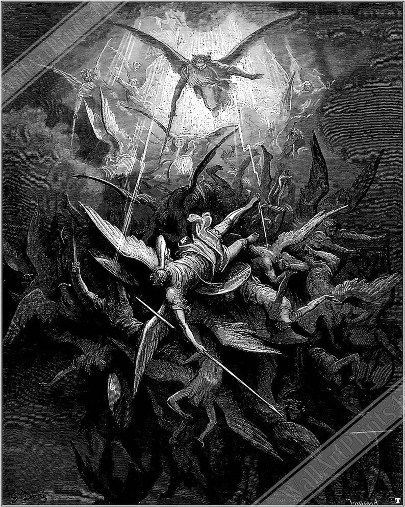 Puede incluir: Una ilustraci&oacute;n en blanco y negro de una escena de la Biblia, que representa la ca&iacute;da de Lucifer y sus &aacute;ngeles del cielo. La imagen muestra un grupo de &aacute;ngeles cayendo del cielo, con Lucifer en el centro. Los &aacute;ngeles est&aacute;n representados con alas y est&aacute;n rodeados de una nube oscura y giratoria.