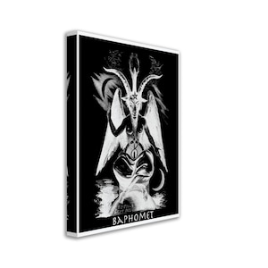 May include: A black and white illustration of Baphomet, a goat-headed deity with wings, sitting on a throne. The image is surrounded by a black background with white text that reads "EX NIHILO AD NIHILO" and "BAPHOMET".