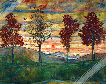 エゴン・シーレの版画：四本の樹の風景、ヴィンテージ表現主義アート