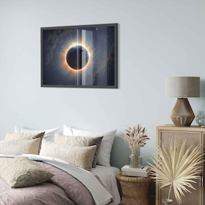 Può includere: Una fotografia incorniciata di un'eclissi solare con un cerchio scuro al centro circondato da un anello luminoso. La foto è appesa a un muro blu chiaro sopra un letto con cuscini e una coperta.