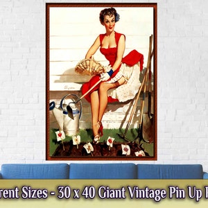 Pin Up Girl Poster, Gil Elvgren, Gardening With Hoe Vintage Art Retro Pin Up Girl Print Late 1940'S 1950'S Giant 30 x 40 inches